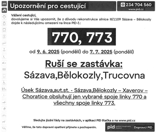 Výlukový jízdní řád linky 770 a 773 z důvodu uzavírky silnice III/1109 v úseku Sázava - Bělokozly od 9.6. do 7.7.2025