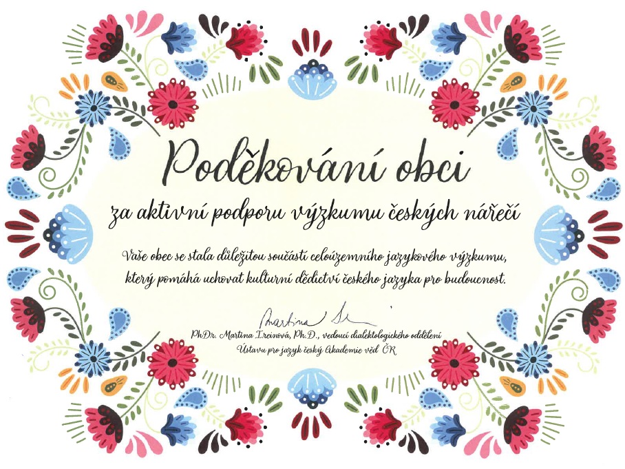 Poděkování obci za aktivní podporu výzkumu českých nářečí
